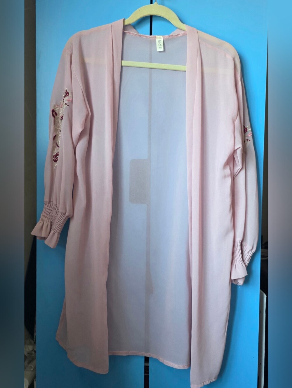Light Pink Sheer Duster Cardigan with Embroidered Sleeves | One Size